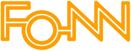 Oransje FONN-logo med moderne, geometrisk skrifttype på gjennomsiktig bakgrunn.