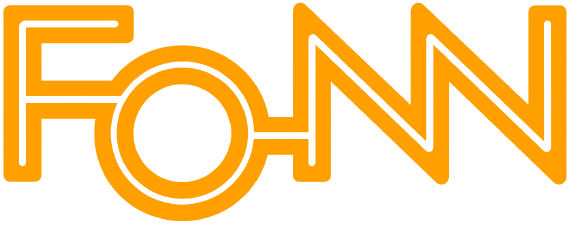 Oransje FONN-logo med moderne, geometrisk skrifttype på gjennomsiktig bakgrunn.